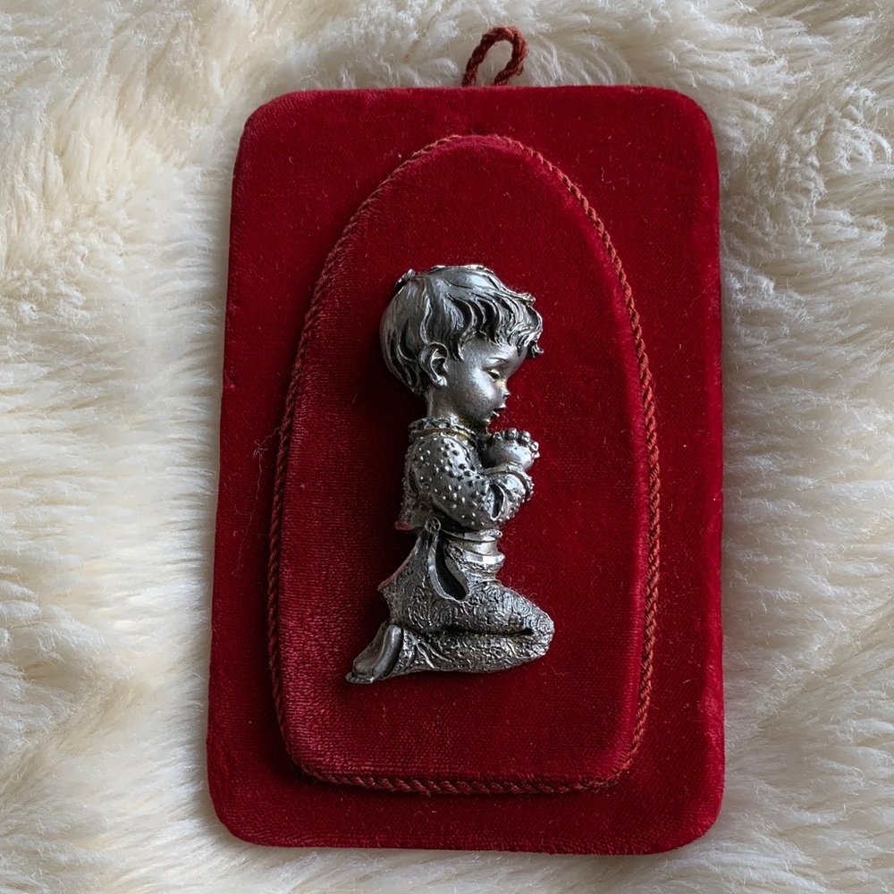 Vintage 70s pewter praying boy on red velvet wall decor